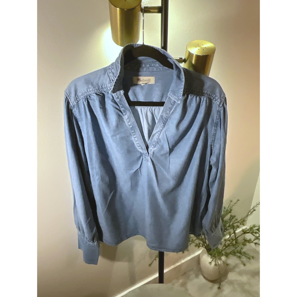 Madewell denim poplin pullover lyocell cool comfort fall basic layer LG blue EUC